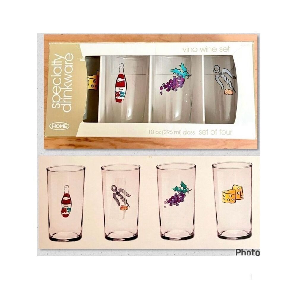 NWT HOME Speciality Drinkware set of 4 Graphic Tall vino theme wine 10oz Glasses